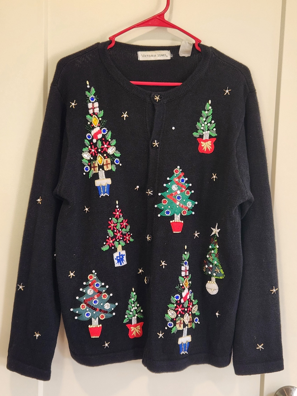 Vintage Victoria Jones Christmas Tree Embroidered Beaded Cardigan Sweater Medium